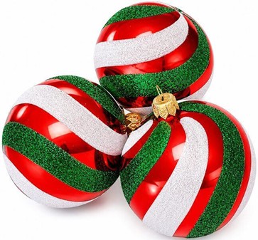 Hvide julekugler fra Polen med røde og grønne striber. Ø 8 cm, 6 stk