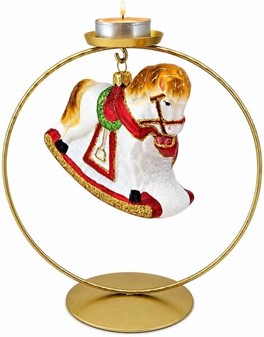 SPECIELLE JULEKUGLER. Glas hvid gyngehest med rød sløjfe. 14,5 cm