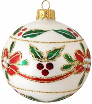 Mundblæst glas julepynt. Julekugler i porcelæn hvid med rød blomst