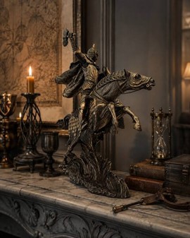 Majestætisk bronzefigur af middelalder ridder på hest. Til stuepynt