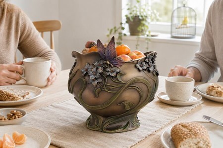 ART NOUVEAU VASE. Unik Veronese vase med blomster og sommerfugl