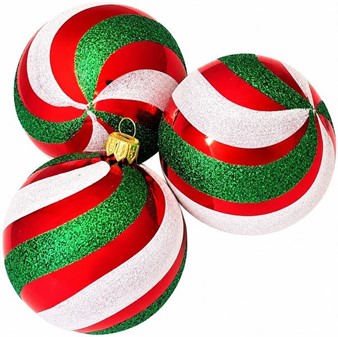 Hvide julekugler fra Polen med røde og grønne striber. Ø 8 cm, 6 stk