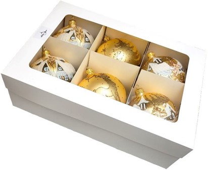 Juletræspynt. Flotte julekugler glas guld med julemotiver. Ø 10cm 6stk