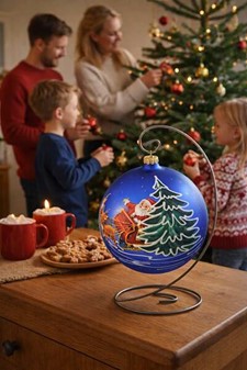 Eventyrlig kongeblå stor julekugle med julemand og kane. Ø 15 cm