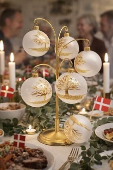 Gennemsigtig hvid glas julekugle matte med gyldent træ, Ø 8 cm 6 stk