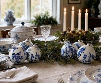 Unikke håndmalede julekugler i porcelæns-look med blå fugle. 8cm, 6stk
