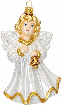 Jule glas figur fra Polen. Sød engel i hvid med klokke. H: 16 cm