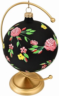Polsk glas julekugle i sort mat med lyserød blomsterdekoration. 12 cm