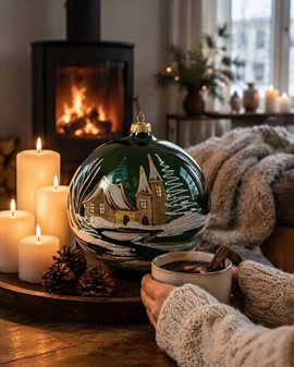 Fantastiske glas julekugle i funklende grøn med vintermotiv. Ø 20 cm