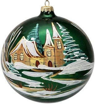 Fantastiske glas julekugle i funklende grøn med vintermotiv. Ø 20 cm