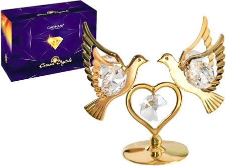 Et guldbelagt hjerte og to duer dekoreret med Swarovski-krystaller