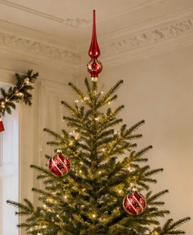 Juletræs spir. Juletræstop i rød lak farve med guld dekoration. 26 cm
