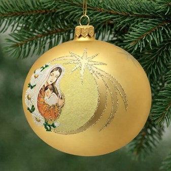 Eksklusiv Julekugle. Gør julen magisk med Maria og Jesus i guld. 10 cm