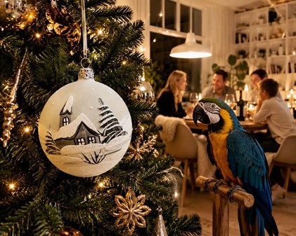 Julekugle glas i gennemsigtig mat hvid med en vinterlandskab. Ø 10 cm