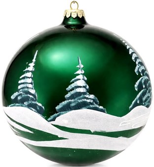 Fantastiske glas julekugle i funklende grøn med vintermotiv. Ø 20 cm