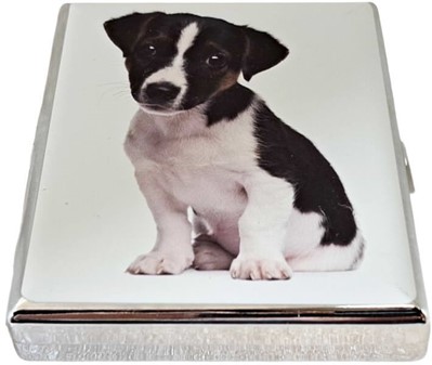 Metal cigaretetui med søde hvalpemotiv – nuttet Jack Russell