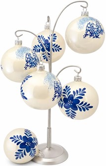 Polske, glas julekugler i porcelænhvid med blåt landskab. 8 cm. 6 stk