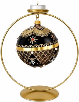 Guld-sort julekugle med hvide perler, røde og hvide krystaller, Ø 10cm