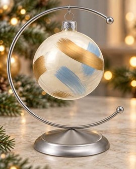 Julekugler i hvid emalje med blå, guld og sølv striber. Ø 8 cm, 6 stk