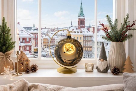 Store jul glaskugler i grå med mat finish og vinterlandskab, Ø 15 cm