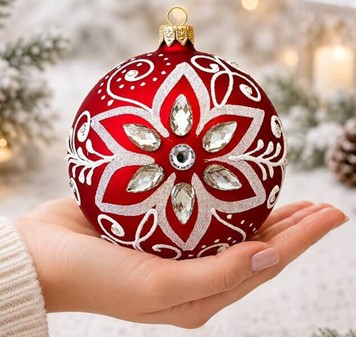 Juledekorationer i glas. Polsk rød julekugle med krystaller og glitter