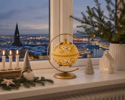 Exclusiv, rigt dekoreret guld julekugle med røde krystaller, Ø 10 cm