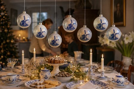 Billig julepynt. Julekugler i porcelæn hvid med hollandsk vindmølle