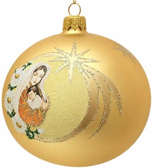 Eksklusiv Julekugle. Gør julen magisk med Maria og Jesus i guld. 10 cm