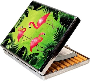 Stilfuldt cigaretetui metal. Beskyt 20 cigaretter med flamingo-design