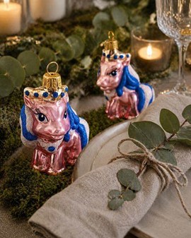 Håndlavet i Polen lyserød pony, glas figur til juletræet, højde 7 cm