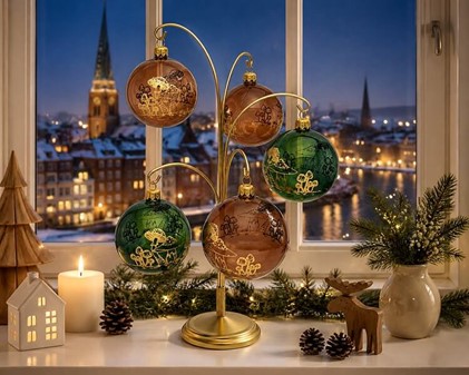 Brune Julekugler. Gennemsigtige julekugler blank med gyldne svampe