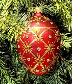 Håndmalet jule glas pynt i rød Fabergé æg form. Julefigur H: 13 cm