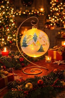 Jule glas lanterne i guld gennemsigtig mat med vinterhytter. Ø 15 cm