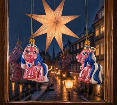 Håndlavet i Polen lyserød pony, glas figur til juletræet, højde 7 cm