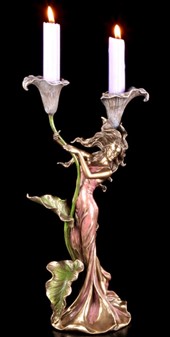 GOD BRYLLUPSGAVE. Art Nouveau lysestage - figur, en kvinde med lilje