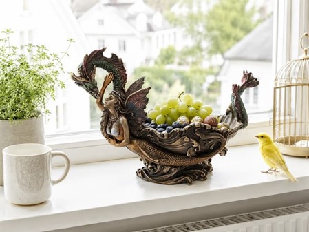PYNT TIL STUEN. Dekorativ Skål til frugt med drage og havfrue