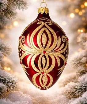 Smuk, glas julepynt i vin rød Fabergé æg form. Julefigur H: 13 cm