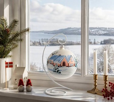 Stor hvid julekugle i glas – unik pynt med vinterlandskab. Ø 15 cm