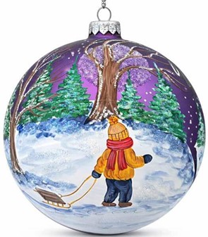 Violet stor julekugle mat med snemand og vinterlandskab. Ø 15 cm