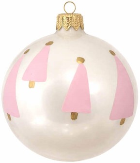 Polsk, glas julekugle i porcelæn hvid med lyserøde træer. 8 cm. 6 stk