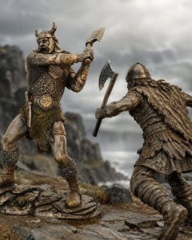 Viking figur. Bronzefigur af mægtige kriger, der svinger sin økse