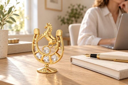 Forgyldt hestesko med Swarovski-krystaller. For heldigvis