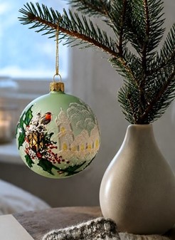 Polsk glas julepynt. Grøn julekugle med en fugl på lanterne. Ø 10 cm