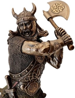 Viking figur. Bronzefigur af mægtige kriger, der svinger sin økse