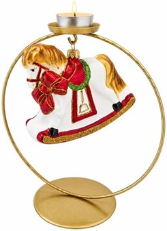 SPECIELLE JULEKUGLER. Glas hvid gyngehest med rød sløjfe. 14,5 cm