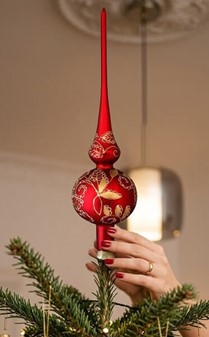 Topspir til juletræ. Rød spir med guld/hvid blomsterdekoration. 35 cm