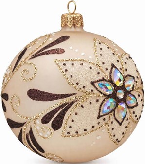 En julekugle glas i en mat brun med zirkoner og krystaller. Ø 10 cm