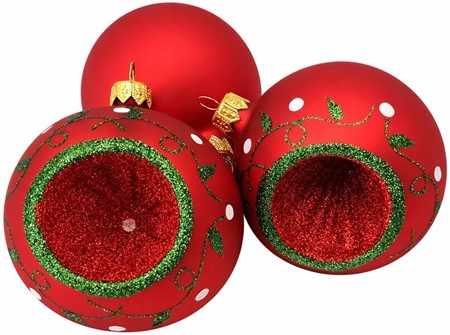 Julekugle med reflektor, mat karmin med grøn glitter, Ø 8 cm 6 stk