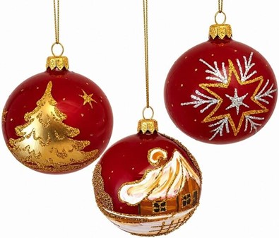 Julekugler i rødt porcelæn farve med gyldne julemotiver, Ø 8 cm 6 stk
