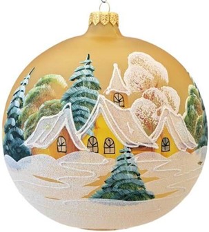 Jule glas lanterne i guld gennemsigtig mat med vinterhytter. Ø 15 cm